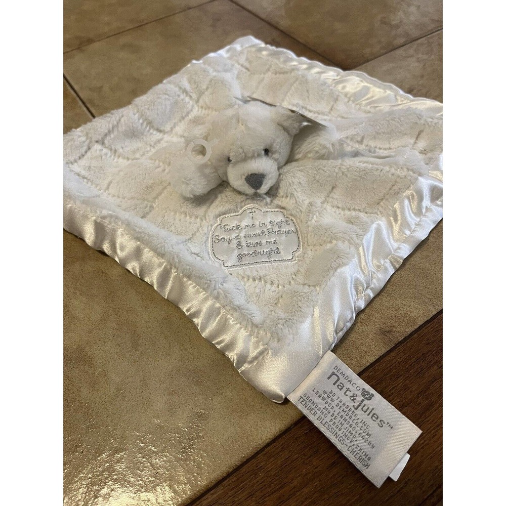 Nat and Jules White Teddy Bear Baby Blankie Lovey "Tuck me in tight" pacifier